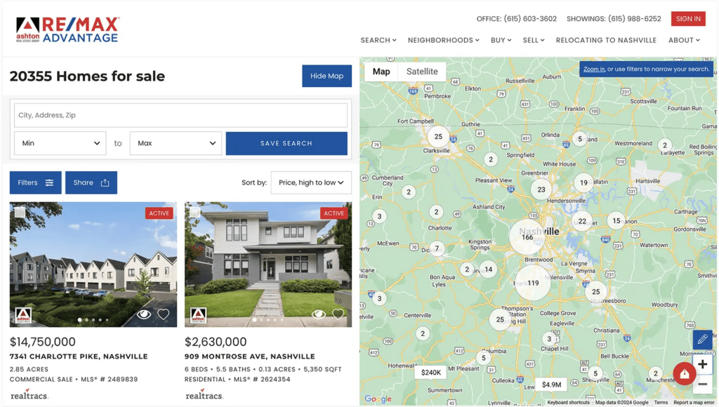 Remax Advantage IDX Screenshot. Map on right and houses on left