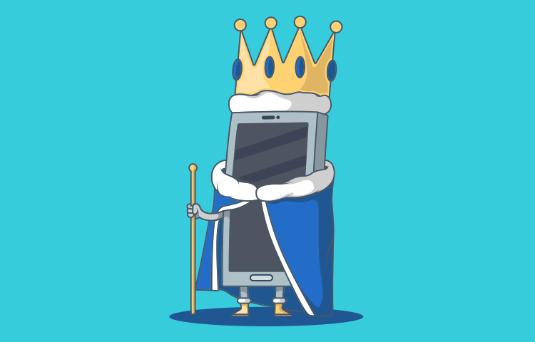 Illustration of a cell phone dressed as king with a gold crown and a blue cape holding a stick.