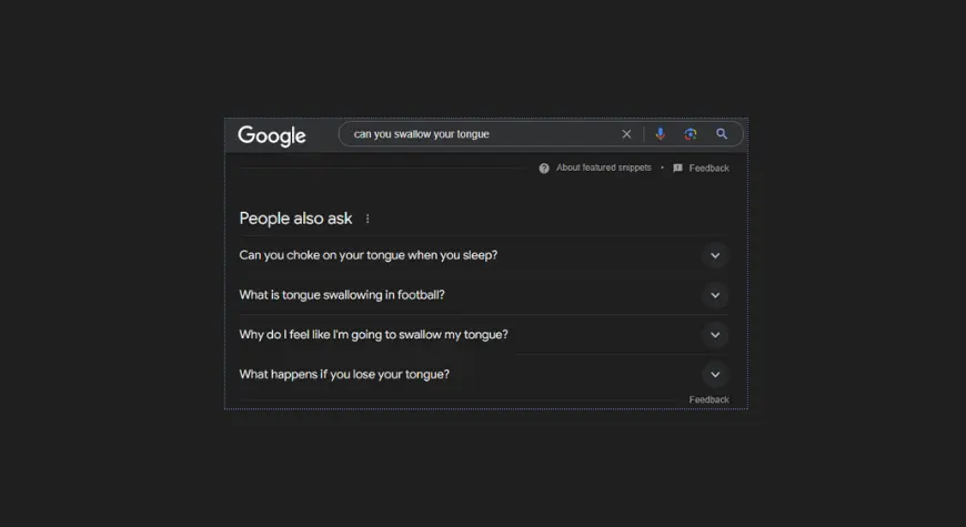 Screenshot of a Google search results page for the query ‘can you swallow your tongue,’ featuring the ‘People Also Ask’ section with related questions such as ‘Can you choke on your tongue when you sleep?’ and ‘What happens if you lose your tongue? MNKY.agency