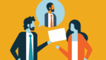 Clipart of a Man handing a referral to a woman