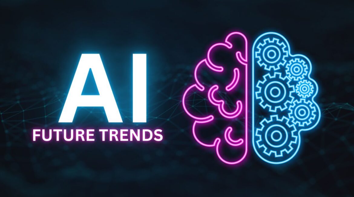 Future Trends in AI, Voice & Search Optimization – abstract neon brain with gears symbolizing AI, voice technology, and search evolution