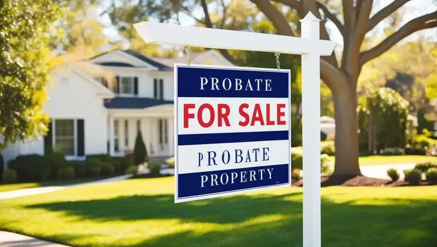 For Sale sign stating Probate Real Estate Listings in front of a house.