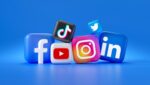 social media icons on blocks on blue background with 3d gradient background effect